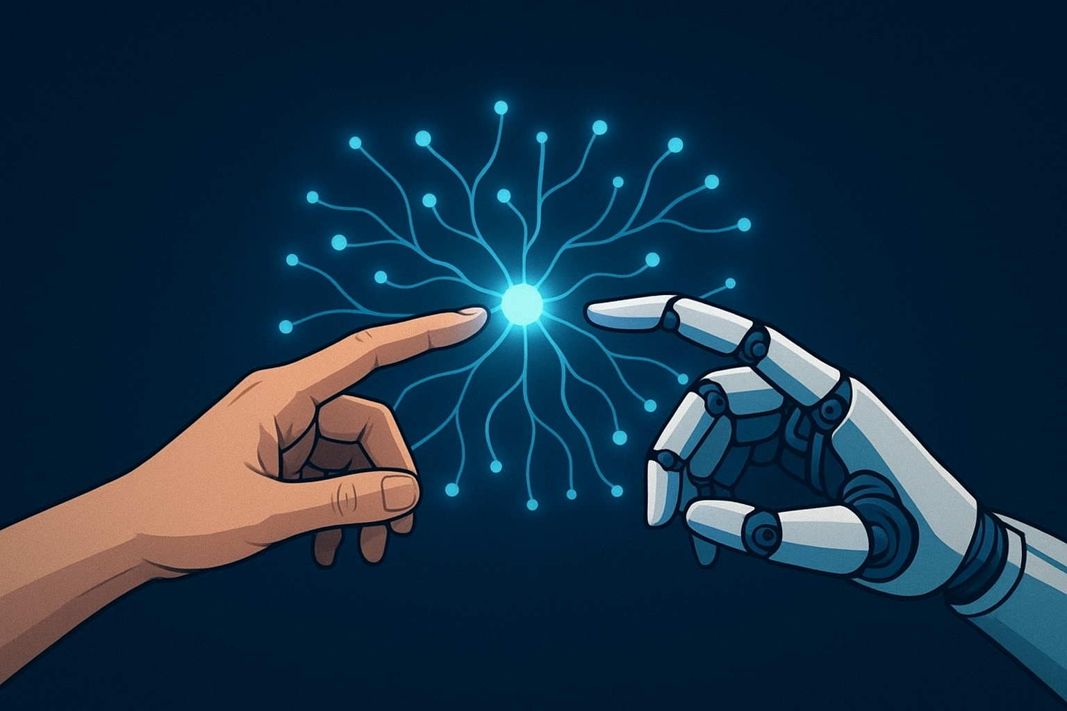 Human hands working with AI technology, symbolizing the master-servant relationship between man and machine